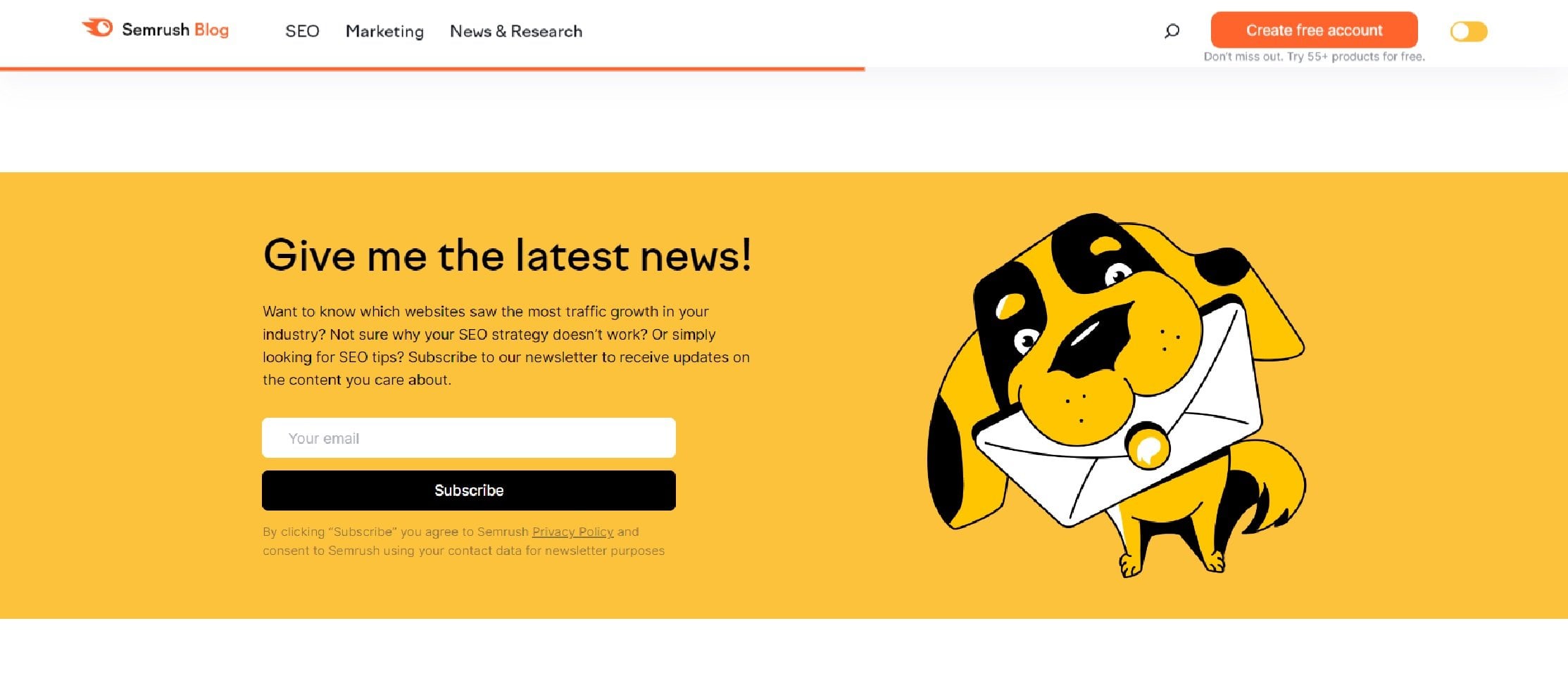 Abonneringssiden for Semrush Blog-nyhetsbrevet