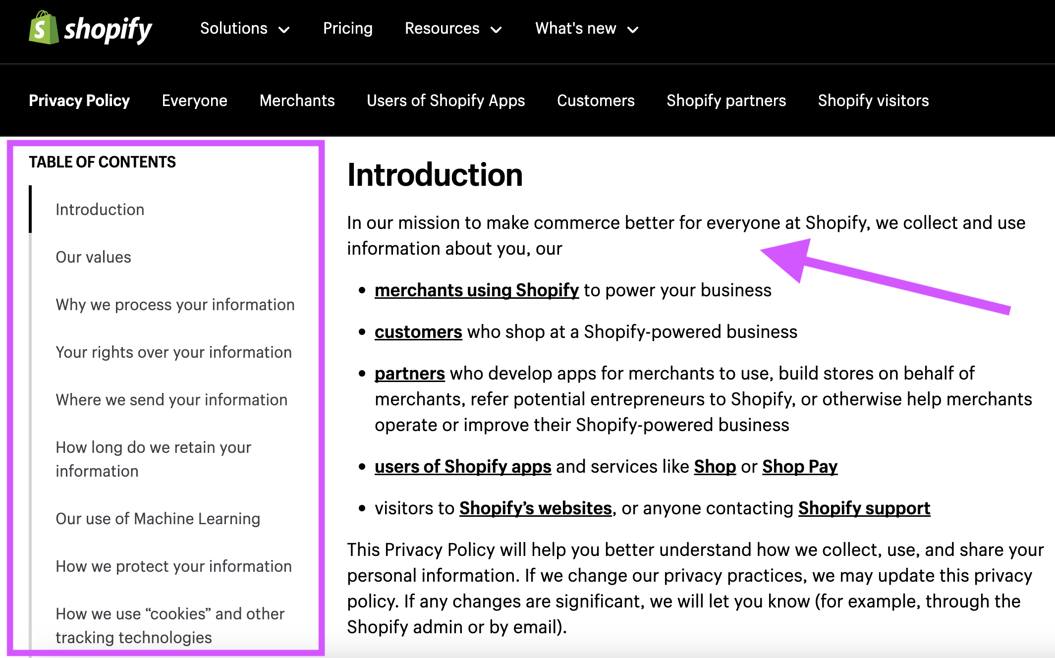 Datenschutzrichtlinienseite von Shopify