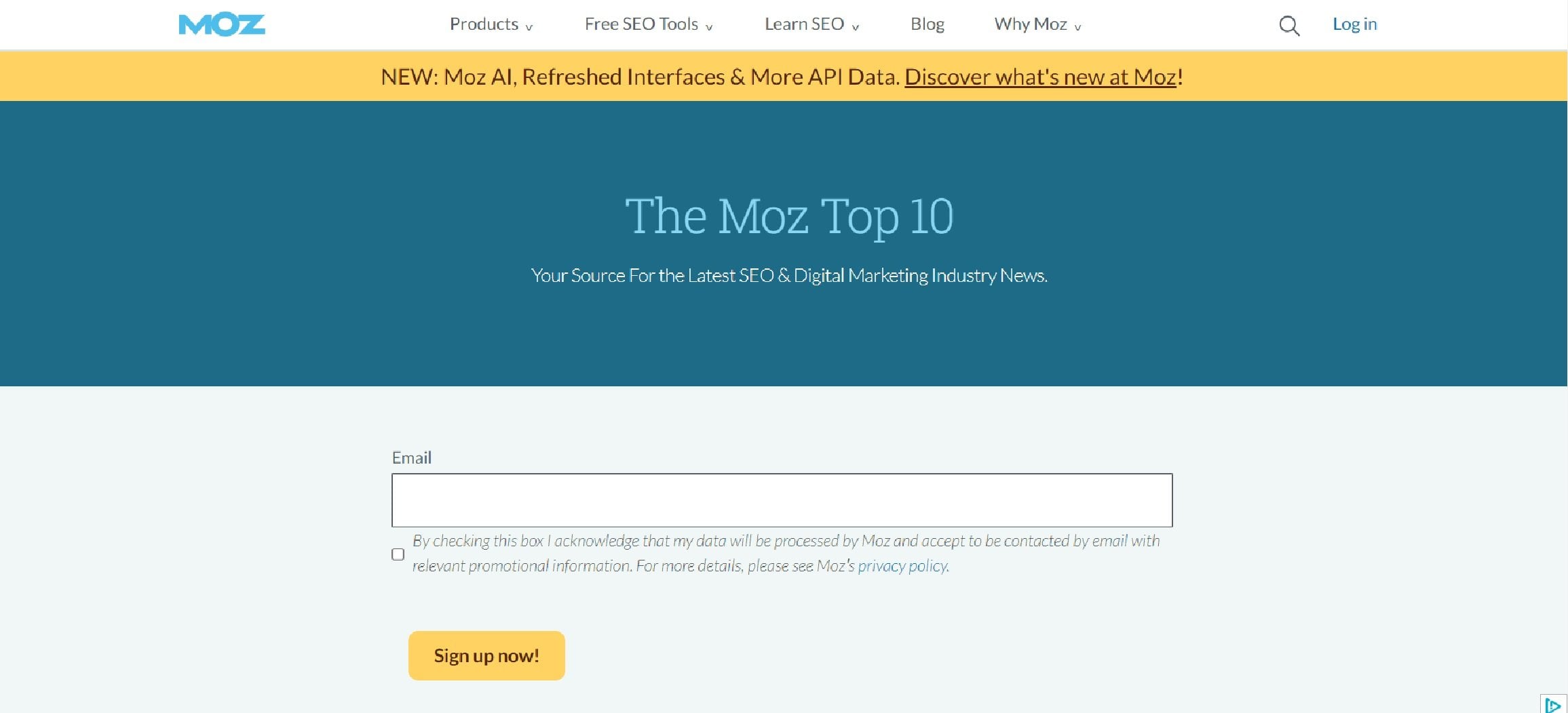 Abonnementssiden for nyhetsbrevet Moz Top 10