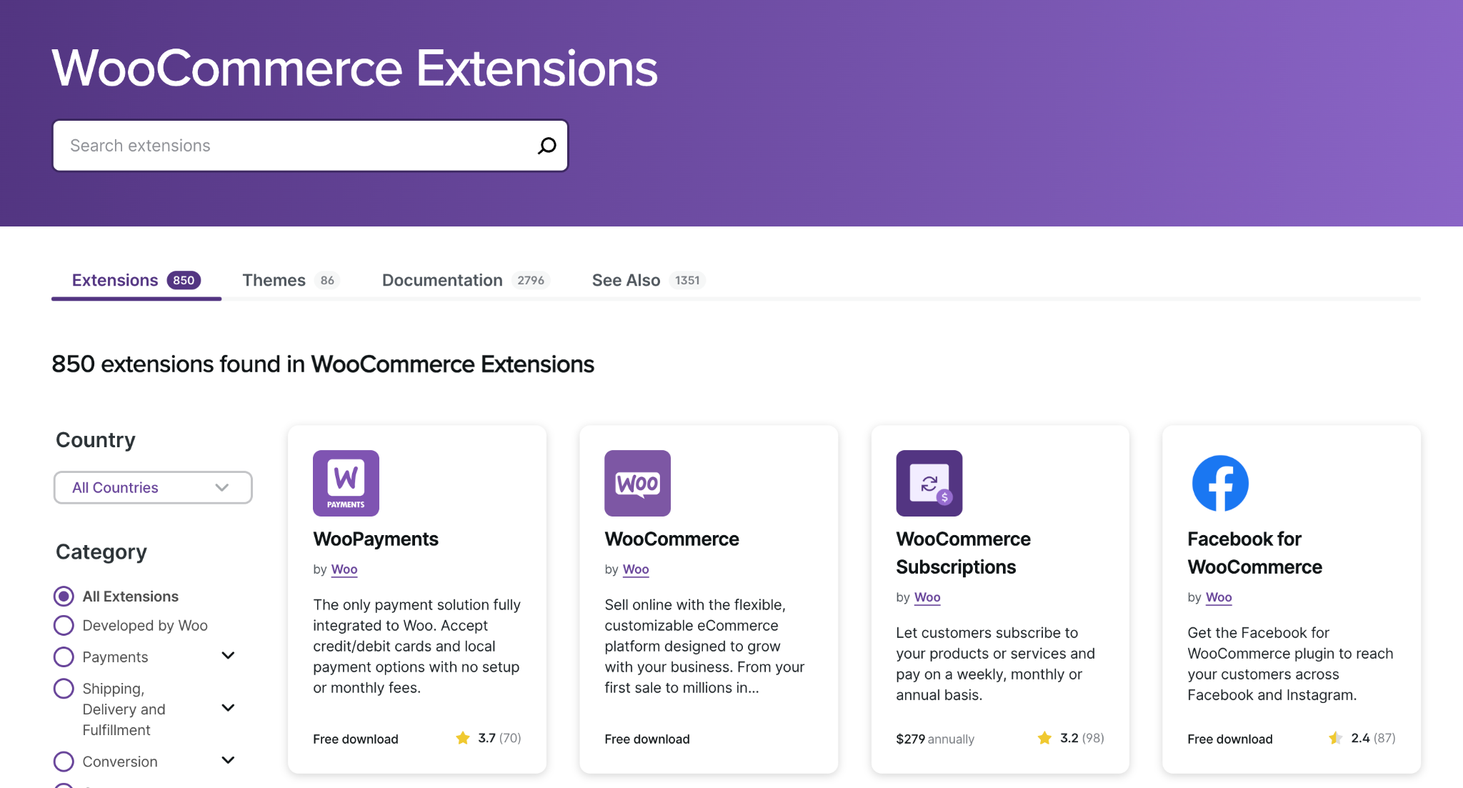 skjermbilde av WooCommerce-utvidelser