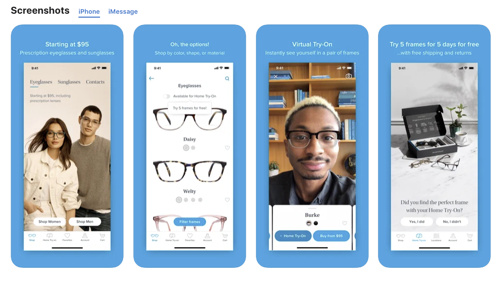 Skærmbillede af Warby Parker, der gør det muligt for kunderne at prøve stel virtuelt